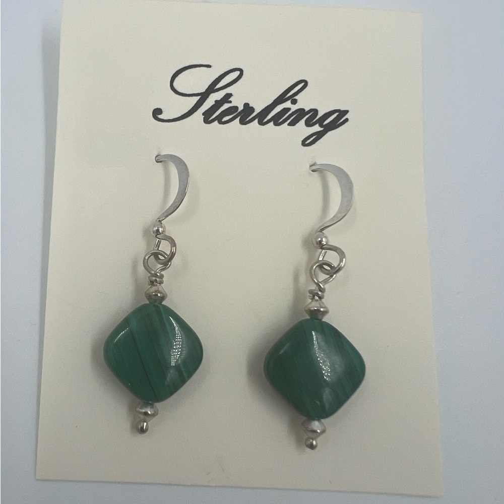 Natural Malachite Square Sterling Silver Dangle Earrings